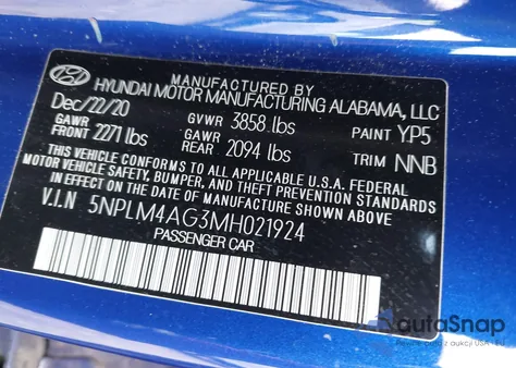 2021 Hyundai Elantra Sel z USA, uszkodzony, nr VIN 5NPLM4AG3MH021924